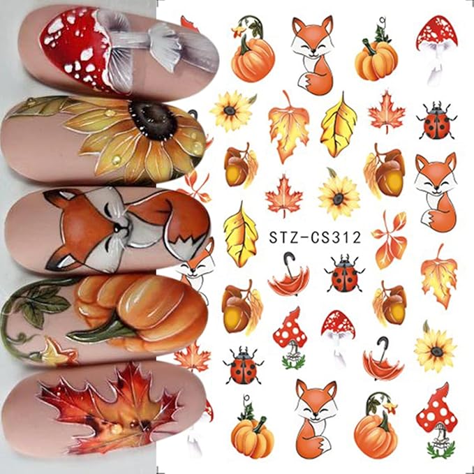Fall Nail Art Stickers Autumn Maple Leaf Nail Decals 6PCS Maple Leaves Foxes Pumpkin Nails Design 3D Self-Adhesive Thanksgiving Day Nail Art Decorations Supplies Fall Stickers for Nails Manicure Decor