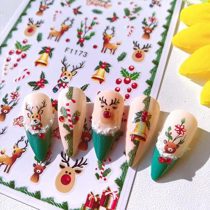 6Pcs Christmas Nail Stickers 3D Christmas Tree Elk Snowman Nail Stickers for Nail Art DIY Self Adhesive Nail Decals Red Fruit Cute Nail Decoration Supplies Holiday Manicure Accessories for Women