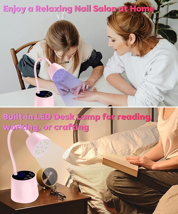 UV LED Nail Lamp - Gooseneck UV Light for Gel Nails Cordless USB 27W Nail Dryer 2 in 1 Gel Lamp and Desk Lamp with 4 Times & Auto Sensor Professional Fast Flash Curing Polish Nail Art(Pink)