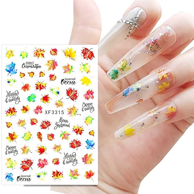 12 Sheets Fall Thanksgiving Maple Leaf Nail Art Stickers Decals Self Adhesive Pegatinas Uñas Autumn Pumpkin Leaves Design Manicure Tips Nail Decoration for Women Girls