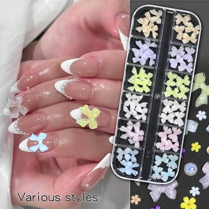 HNUIX Nail Art Charms - 3D Multiple Shapes Size, Flatback Rhinestones and Gems, Pearls, Butterfly, Bow, Flowers, Caviar Beads, with Kit, 6 Boxes, for Nail Art