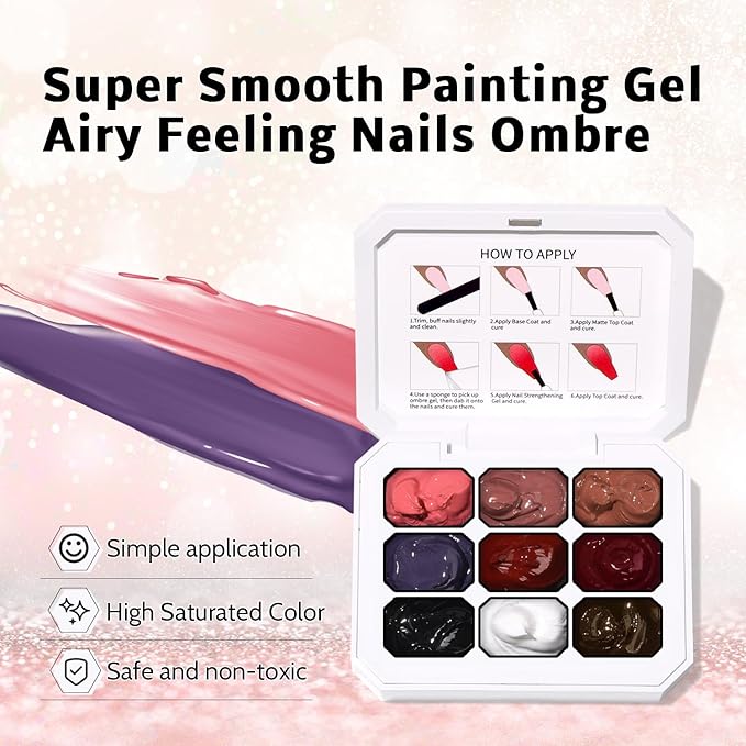 Sponge Pat Paint Nail Gel & Tools Kit, 9 Colors Ombre Nails Gradient Gel Nail Blush Blooming Aura Nails Drawing Stripper Floral Painting Nail Art, No Wipe, UV/LED Curing (9 Colors Set E)