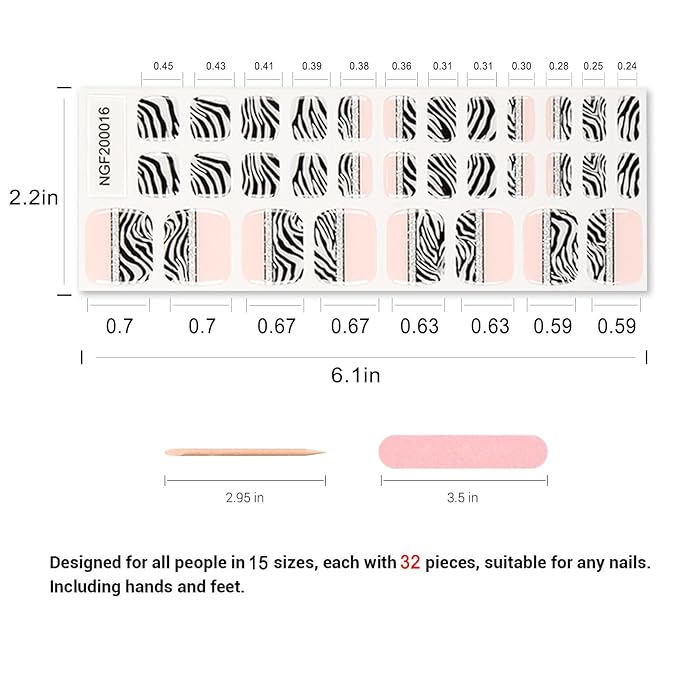 Semi Cured Gel Toenail Strips, 32 Zebra Pink Gel Toenail Stickers - Works with Any UV Lamps Pedicure Strips Full Nail Wraps with Nail File & Wood Stick