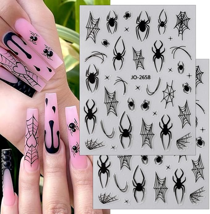 6 Sheets Halloween Spider Nail Stickers White Red Black Spider Web Nail Art Stickers 3D Self-Adhesive Horror Spiders Nail Decoration Scary Halloween Nail Decals for Women Girls Nail Art Designs