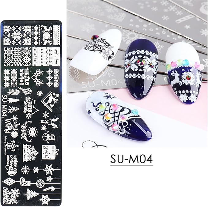 Christmas Nail Art Stamping Plate Kit,Snowflake Snowman Christmas Tree Elk Designs Nail Image Stamp Template Xmas DIY Stainless Steel Nail Image Polish Template Kit 6Pcs