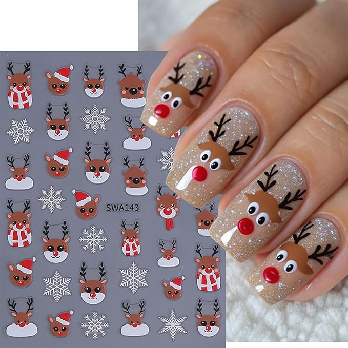 Christmas Nail Art Stickers Decals 3D Xmas Reindeer Snowflake Snowman Self-Adhesive Nail Stickers Winter Holiday Christmas Tree Elk Gift Nail Decals for Christmas DIY Manicure 6 Sheets