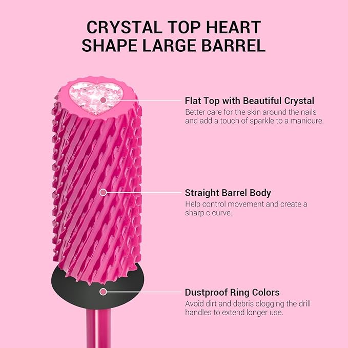 MelodySusie Large Barrel 3/32'' Tungsten Carbide Nail Drill Bit, Crystal Top Pink Heart Shape, Fast Remove Acrylic Gel, Cuticle Gel Polishing for Manicure Pedicure, Pink Blossom, Series Bit-S, XC