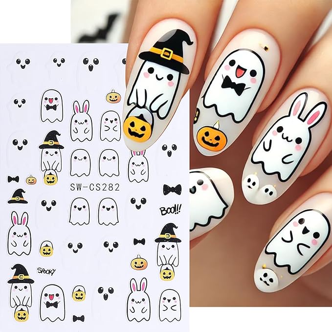 5 Pcs Halloween Nail Art Stickers,3D Self-Adhesive Nail Decals Spider Webs Cute Ghost with Designs Skull Pumpkin Nail Decorations Halloween DIY Manicure Supplies for Women Girls