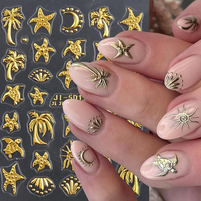 2Pcs Summer Nail Stickers for Nails Art 5D Gold Ocean Nail Decals Self Adhesive Tropical Starfish Sea Turtle Coconut Tree Nail Design Sticker Summer Beach Nails Art Stickers Accessories for Women DIY