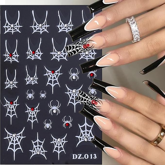 4Pcs Halloween Nail Art Stickers Decals with Rhinestones Design Spider Web Nail Stickers Glitter Gold Silver White Bow Spider Nail Decals Goth Nail Art Supplies Halloween Decoration for Manicure