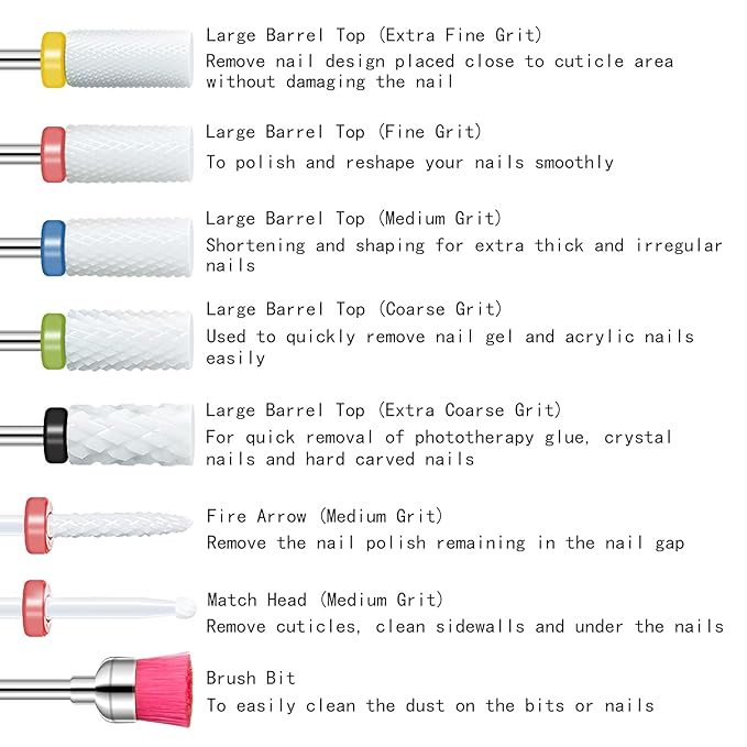 8 Pcs Ceramic Nail Drill Bits Set with Holder for Electric Nail File Manicure Pedicure Acrylic Gel Polishing - 5 Sizes 3/32'' (2.35mm) Large Barrel Top + Flame Top, Cuticle Bits, Cleaning Brush
