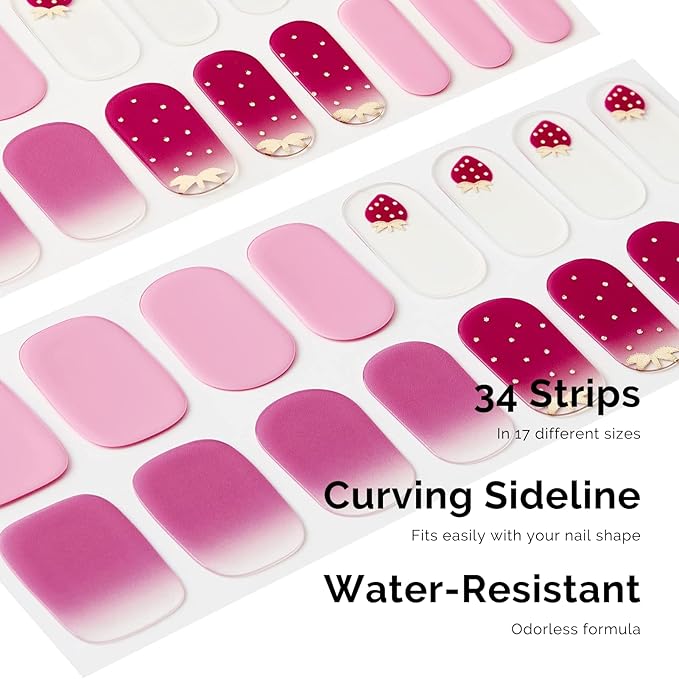 NAILOG Semi Cured Gel Nail Strips, 34 pcs Salon-Quality Gel Nail Stickers, Long Lasting Nail Wraps for Women with Soft Gel Finish | Strawberry Love