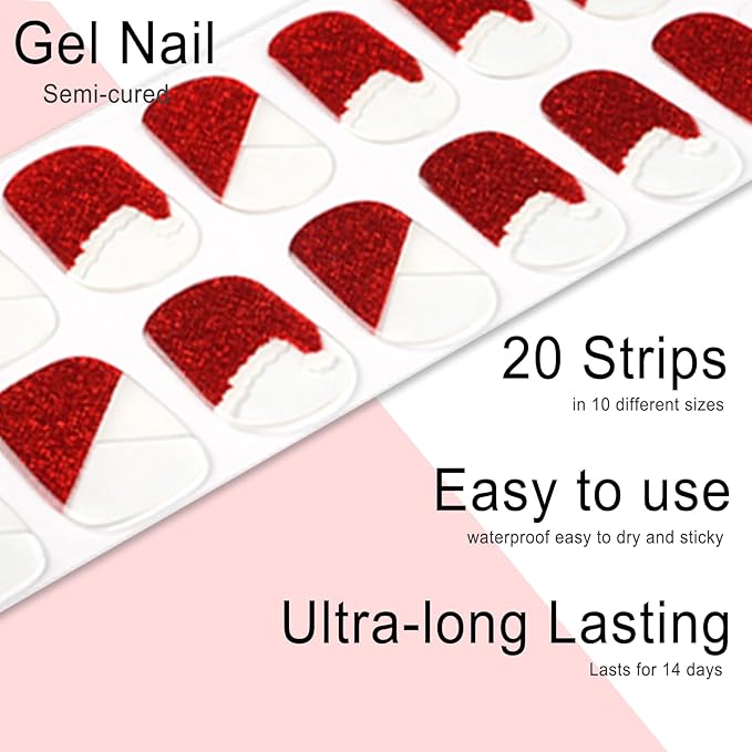 20pcs Semi Cured Gel Nail Strips, Real Nail Polish Art Stickers, Christmas Gel Nail Stickers - Work with Any UV Lamp, Long Lasting Full Wraps with Nails File and Stick