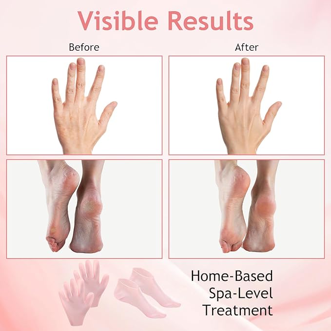4Pairs Silicone Socks Gloves Set for Dry Cracked Feet and Hands, Anti Slip Soft Feet Moisturizer Socks Moisturizing Gloves for Softening, Care After Pedicure (Pink, Nude)