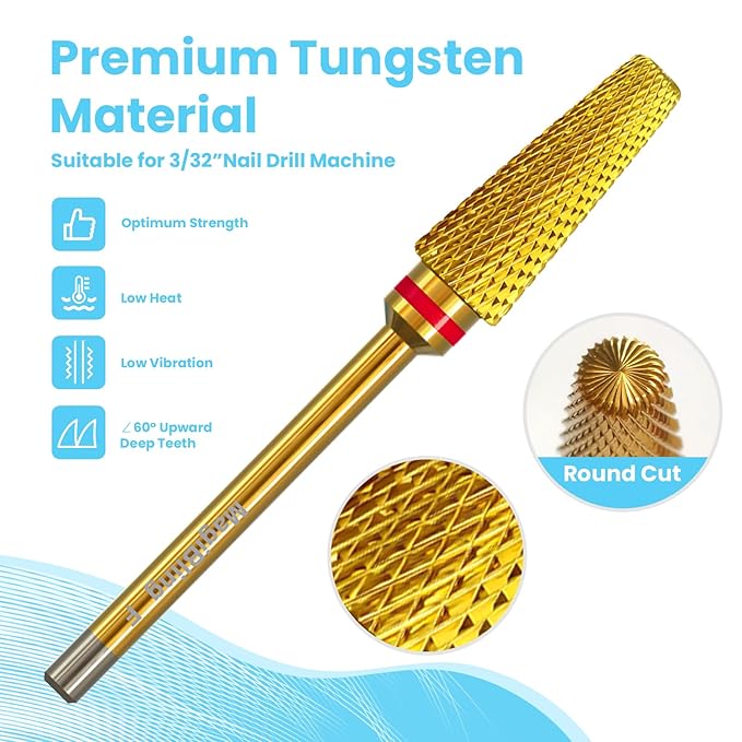 Super Cut 5 In 1 Nail Drill Bits，Tapered 3/32'' Safety Tungsten Bits, Upward Cut for Hard Gel Removal, Right Hand Use, Manicure Cuticle Gel Polishing, Technicians Bits, Gold, Fine.