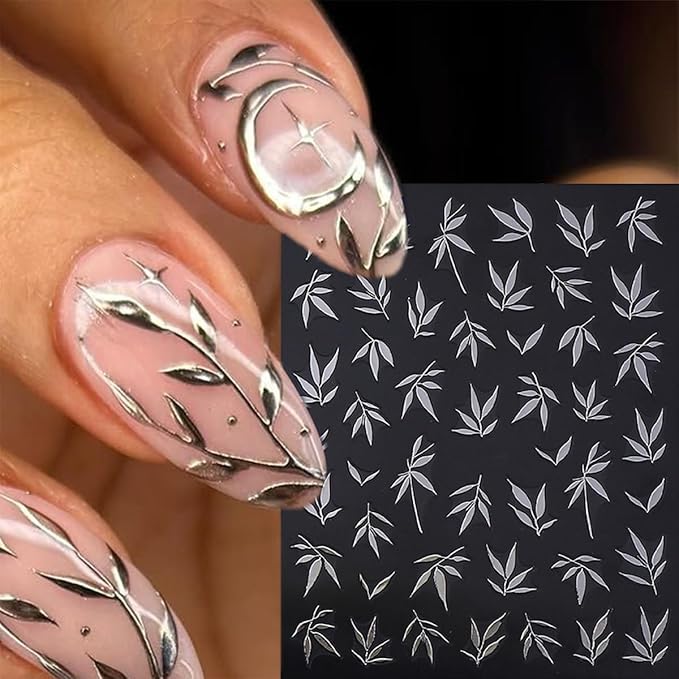 5 Sheets Fall Nail Stickers Colorful Bamboo Leaf Nails Decals 3D Self Adhesive Orange Blue Green Silver Gold Nails Design Autumn Nail Art Stickers Fall Leaves Sticker for Women Manicure Supplies