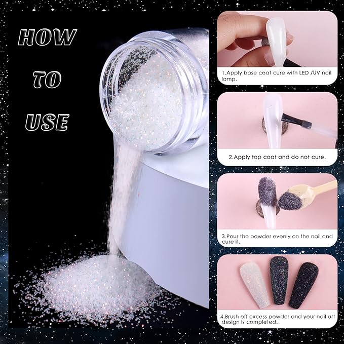 Laza White Nail Shimmer Snow Powder Diamond Dust Ultra-fine Sequins PET Flakes Pixie Sparkle Fairy Shiny Nail Art Decoration Sugar Glitter for French Manicure