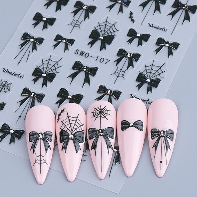 2Pcs Halloween Nail Art Stickers Decals 5D Embossed Halloween Spider Web Nail Decals Black Spider Web Bow Pattern Nail Designs Y2K Style Nail Supplies for Women Manicure Tip Decorations Accessories