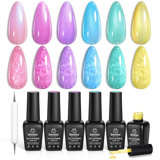 Beetles Shimmer Gel Nail Polish Set, 6 Colors Pink Blue Yellow Green Purple Iridescent Pearl Nail Polish Soak Off Uv Mermaid Gel Nail Polish Swirl Shell Thread Effect DIY Gift for Women