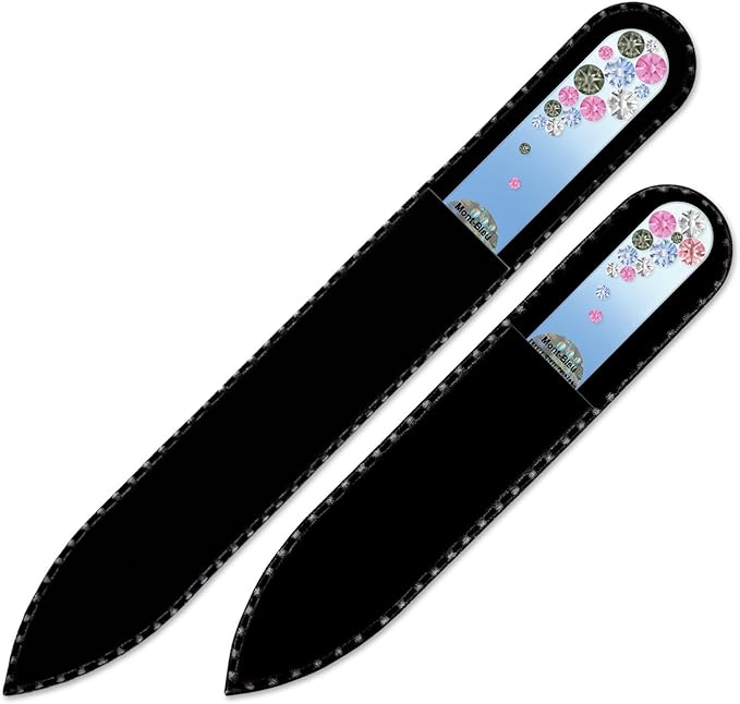 Washable Double Sided Nail File - Mont Bleu Set of 2 Glass Nail Files Hand Decorated with Crystals - Handmade Gifts for her - Best Nail Care - Etched Glass Nail File for Nail Art