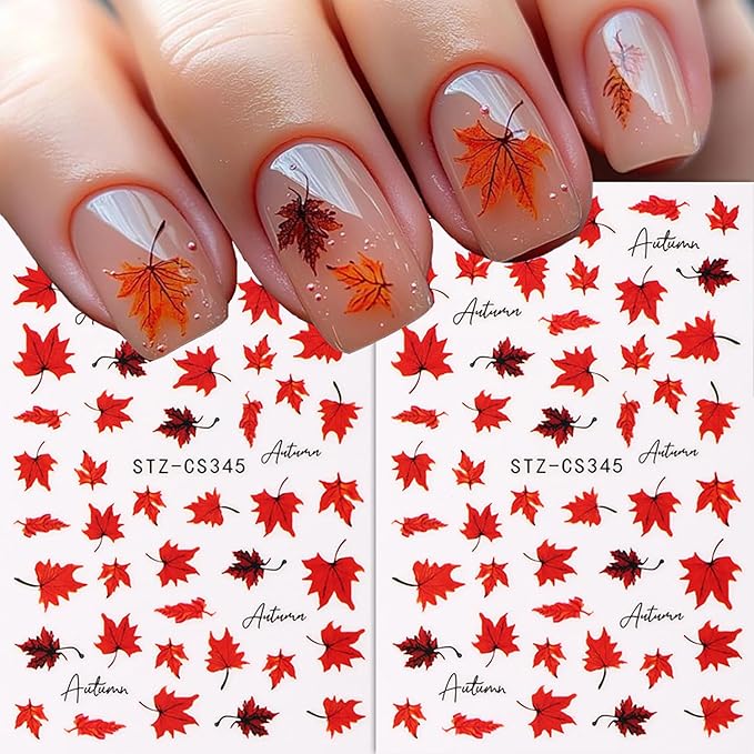 6 Sheets Thanksgiving Day Nail Art Stickers 3D Self -Adhesive Fall Red Maple Leaf Nail Decals Holographic Autumn Maple Leaf Letter Nail Stickers Festival Nail Decoration for Women Manicure Supplies