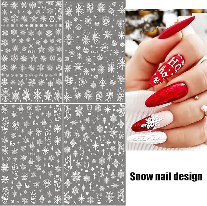 8Sheets Snowflake Nail Art Stickers 3D Xmas Nail Decals White Glitter Snow Nail Design Cartoon Elk Snowflake Snowman Bell Reindeer Sticker Foil Manicure Winter New Year Christmas Nail Decoration
