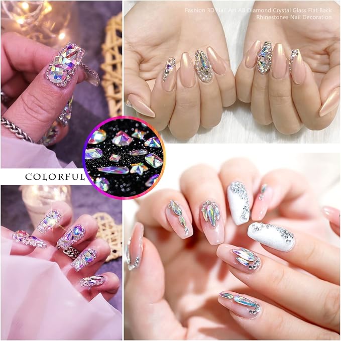 Nibiru 2000Pcs AB Multi Shapes Rhinestones Glass Gems Kit for Nail Art Jewels Decoration,Shiny Flatback Mix Size with Wax Pen