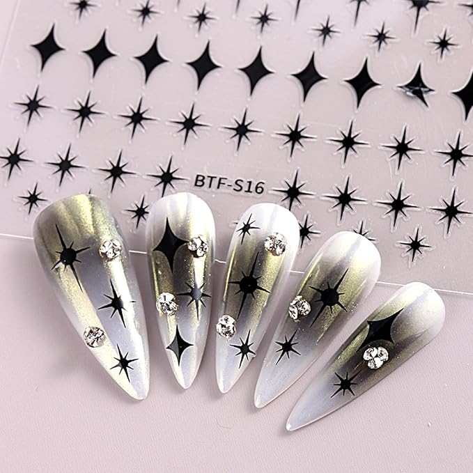 3D Self-Adhesive Star Nail Art Stickers - 12 Sheets Silver Gold Black White Decals for Acrylic Nails - Nail Design Supplies for Women Girls