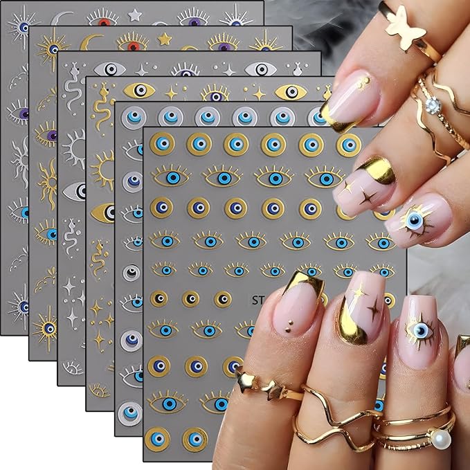 6Pcs Eye Nail Stickers Decals 3D Self Adhesive Goth Nails Decals Gold Silver Sun Star Nail Art Stickers Metallic Snake Nails Art Supplies Horror Eye Gothic Design Sticker for Women Manicure Decoration