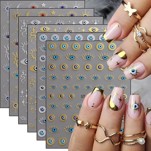 6Pcs Eye Nail Stickers Decals 3D Self Adhesive Goth Nails Decals Gold Silver Sun Star Nail Art Stickers Metallic Snake Nails Art Supplies Horror Eye Gothic Design Sticker for Women Manicure Decoration