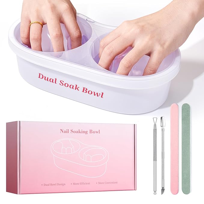Dual Nail Soaking Bowl Acetone Proof: 2-in-1 Dip Powder Gel Nail Polish Remover Soak off Bowl for Women - Time-Saving Acrylic Nail Remover Kit for Home Salon (Big Size, Cream)