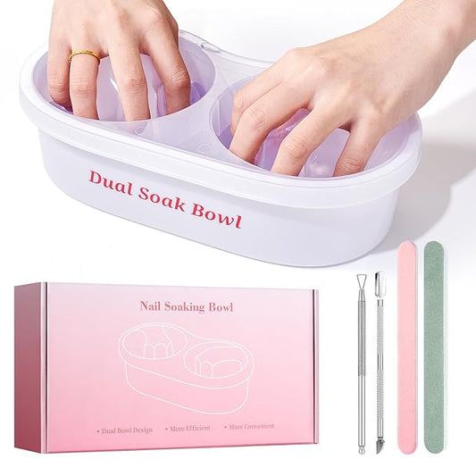 Dual Nail Soaking Bowl Acetone Proof: 2-in-1 Dip Powder Gel Nail Polish Remover Soak off Bowl for Women - Time-Saving Acrylic Nail Remover Kit for Home Salon (Big Size, Cream)