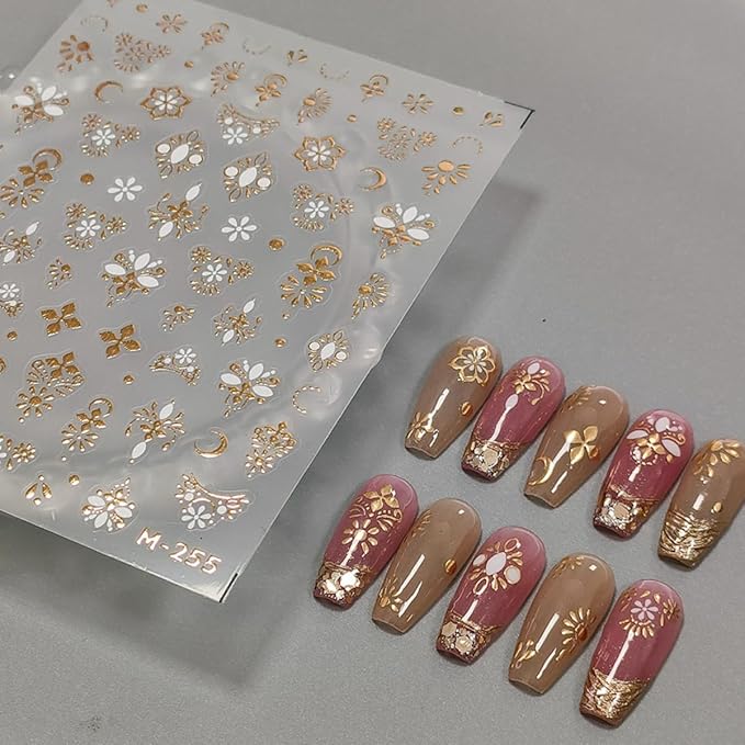 5D Embossed Nail Sticker Retro Gold Flower Nail Art Sticker Self Adhesive Nail Decals Luxury Floral Nail Art Decals for Nails Decoration Supplies for Women Girls DIY Manicure