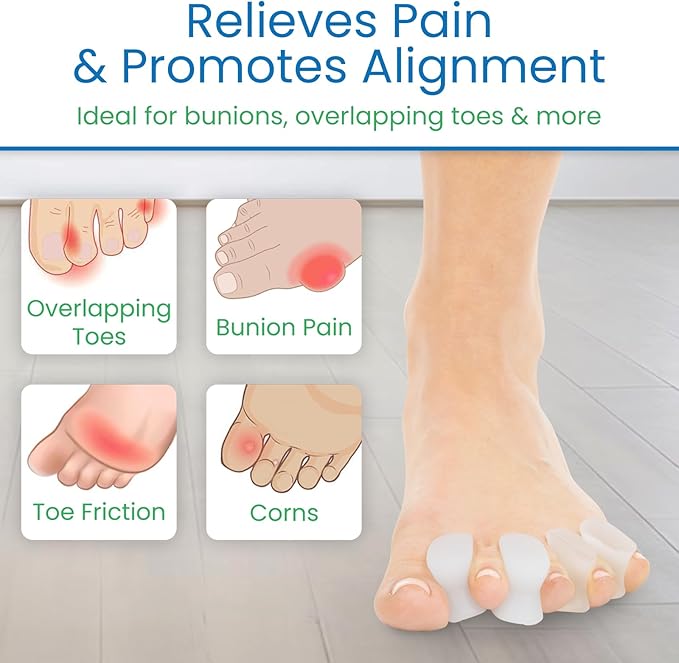 VIVEsole Toe Spreaders for Feet (8 Pack) - Silicone Spacers for Women & Men - Gel Separators for Bunions, Overlapping Toes, Pain Relief - Orthotic Dividers for Athletes, Alignment & Corrector