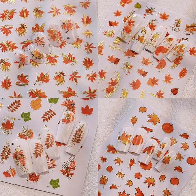 6 Sheets Gold Fall Nail Stickers Autumn Maple Leaf Nail Decals Cute Pumpkin Fox Ginkgo Fallen Leaves Nails Designs 3D Self-Adhesive Thanksgiving Nails Art Supplies for Women DIY Manicure Decorations