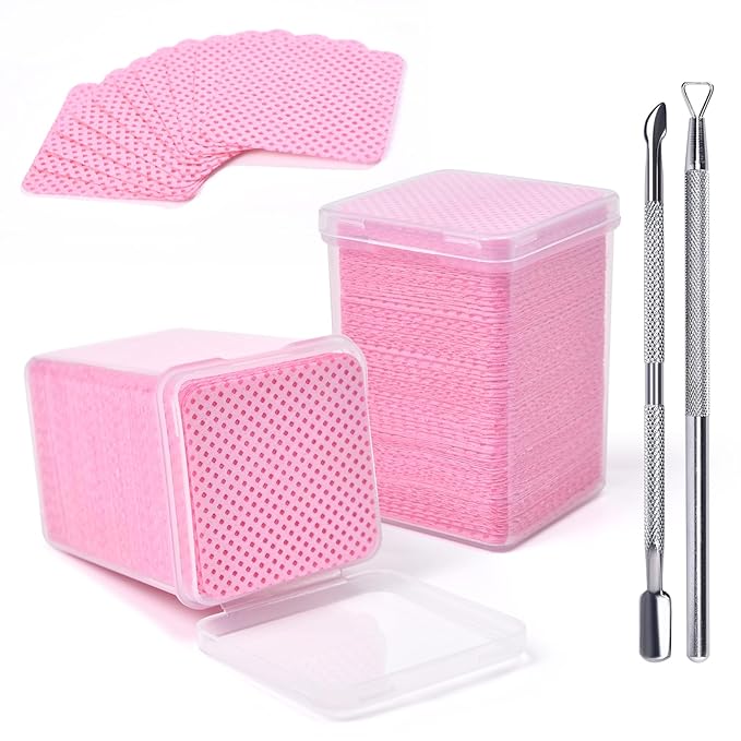 Lint Free Nail Wipes 350Pcs Nail Polish Removal Wipes with 2Pcs Cuticle Pushers Disposable Non-Woven Nail Cotton Pads Super Absorbent Eyelash Extension Glue Cleaning Wipes Salon Home Use