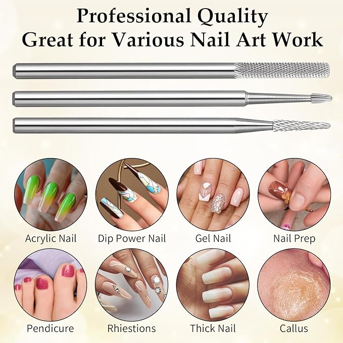 Nail Drill Bit Set, 3Pcs Carbide Cuticle Bit for Nails Drill, Professional Nail Buffer Bits for Manicure Pedicure Cuticle,Dead Skin Gel Polish Remover Tool, Nails Supplies for Home & Salon
