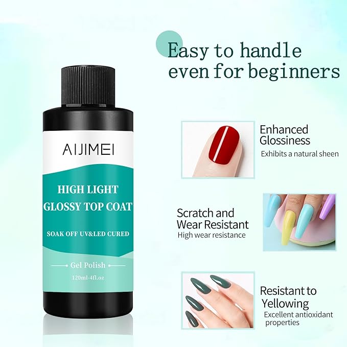 AIJIMEI 120ml High Shine Glossy Top Coat for Nails Long Lasting, Smooth TopCoat, High Light Glossy Top Coat for DIY Nail Art Use Enhance Your Manicure with Brilliant Reflection 4 Fl Oz