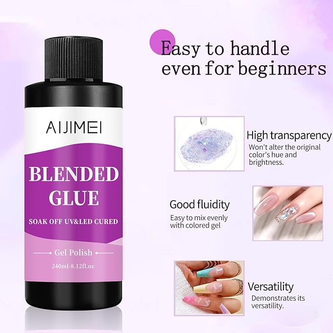 AIJIMEI Nail Polish Thinner Glue 8fl.oz Clear Nail Blending Glue for Blending, diluting, Mixing Glitter Powder Mixer Gel Polish Dilution Color Sequins MixingGlue 240ml for Nail Designer