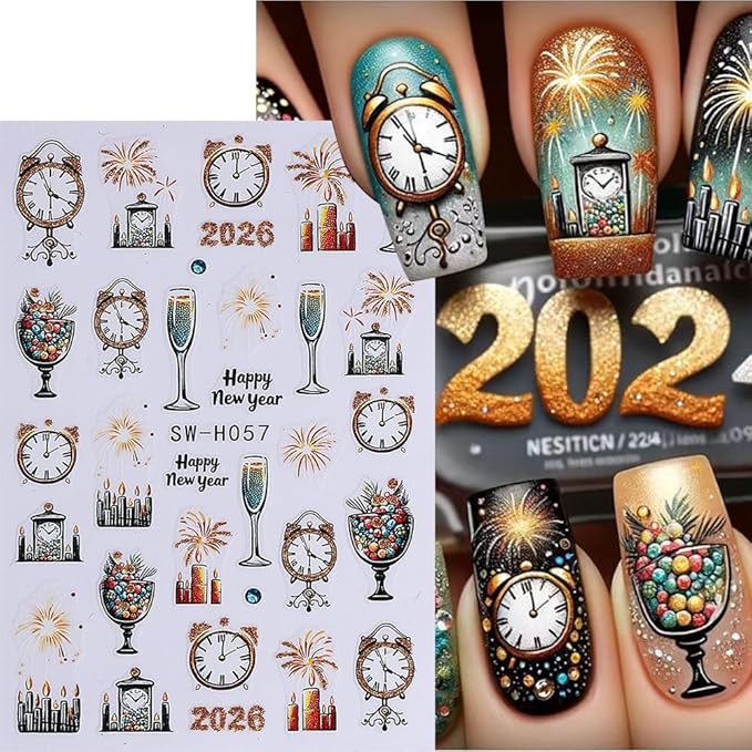 Christmas Nail Art Stickers Fireworks Clock Nail Stickers 6PCS Gold Glitter Lantern Ball Champagne Tree 2026 Design 3D Self-Adhesive Xmas Nail Decals Manicure Supply for New Year Nail Art Decorations