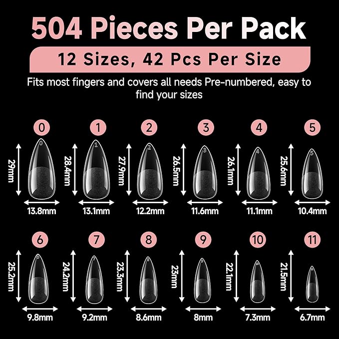 Long Almond Nail Tips: 504pcs Full Cover Soft Gel Nail Tips, 12 Sizes Pre-Etched Half Matte Almond Press on Nails No C Curve For Nail Extensions Home Salon