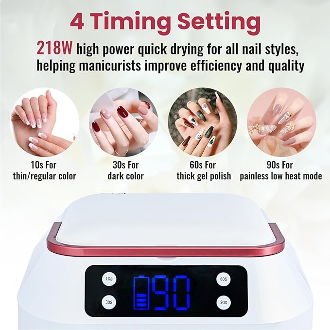 Cordless Nail Lamp,218W Professional Rechargeable UV LED Nail Lamp for Salon,Nail Lamp Built-in 30000mAh Battery,82PCS LEDs Nail Dryer with Dual Displays & Detachable Hand Pillow