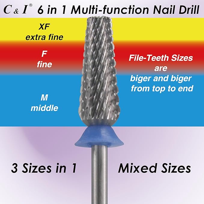 C & I Nail Drill Bit 6 in 1 Multi-function Rounded End E File, Tungsten Steel CNC Overall Cutting, Manicure Tool for Nail Tech Quick Remove Nail Gels, Acrylic Nails (Original, Middle -M)