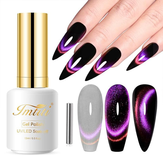 Imtiti Cat Eye Gel Nail Polish, 15ML Pink and Purple Two Flashes Glitter Cat Eye Gel Polish with Magnet UV LED Magnetic Gel Nail Polish Dopamine Iridescent Sparkly Home DIY Manicure Nail Salon Kit