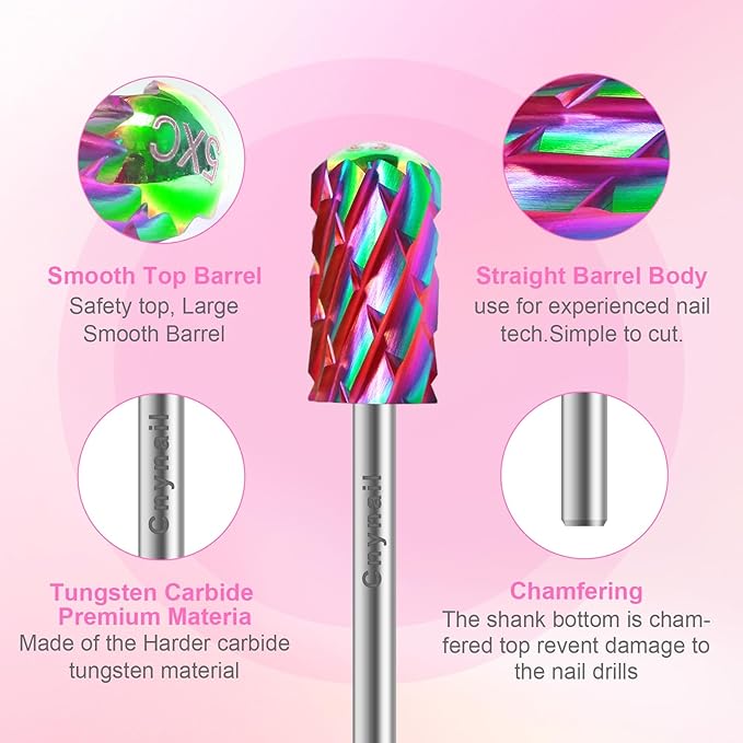 3/32" 2PCS Large Barrel Smooth Round Top Tungsten Carbide Nail Drill Bit Safety for Gel & Acrylic Removal, Right Way Rotating Efile Tip, Salon Electric File Accessory (5XC Grit, Multicolor)