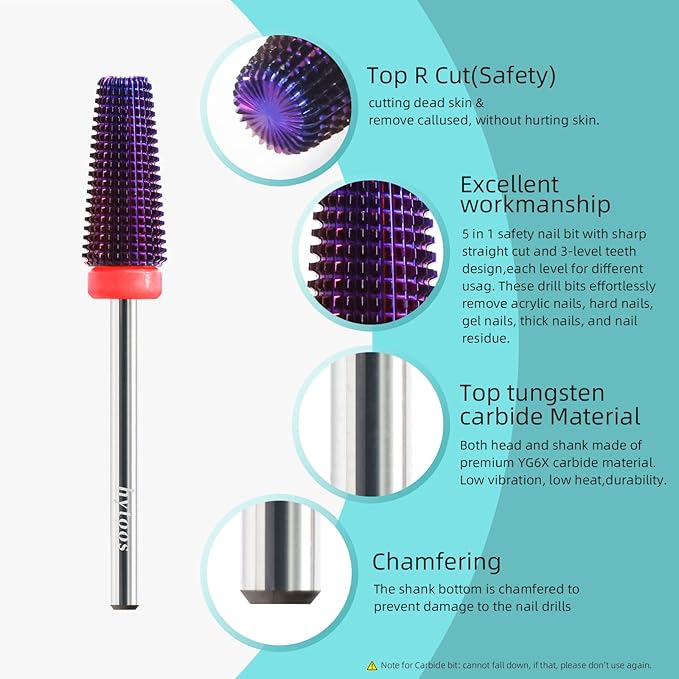 Purple 5 in 1 Nail Drill Bit, 15mm Tapered Drill Bits for Nails, 3/32" Professional Straight Cut Two-way Carbide Nail Bits, Electric Manicure Gel Polish Acrylic Powder Removal Tool, Fine