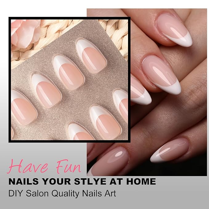 64PCS Press On Nails Black & White French Tip- Short Almond Shape with Classic Accents | Dual-Color Fake Nails for Women | Reusable, Chip-Free Nail Kit with Complete Tools