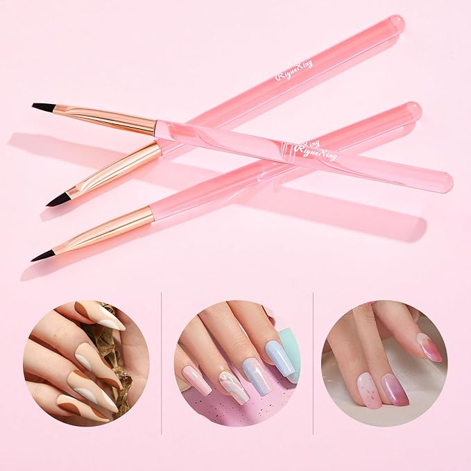 Nail Art Clean Up Brushes - 3Pcs Nail Art Brush Set with Flat/Oval/Fine Angled Gel Brush, Nail Extension Tool for Professional DIY Home Salon(Clear Pink)