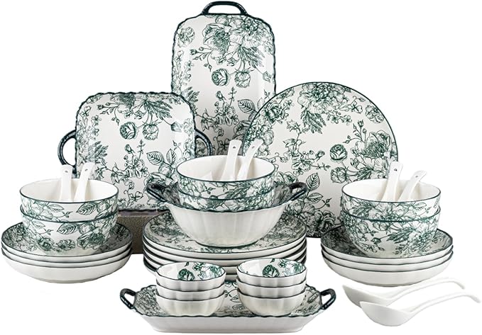 Ceramic Dinnerware Set, Floral Plates and Bowls Sets, Microwave & Dishwasher by FANGJING