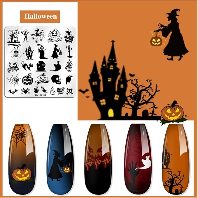 Biutee Nail Stamper Kit 15pcs Nail Art Stamp Plate 8pcs Stamp Gel Polish 1pcs Nail Stamper Scraper Set with Storage Bag, Nail Stamp Template Kit Flower Lace Animal Star Halloween Christmas Design